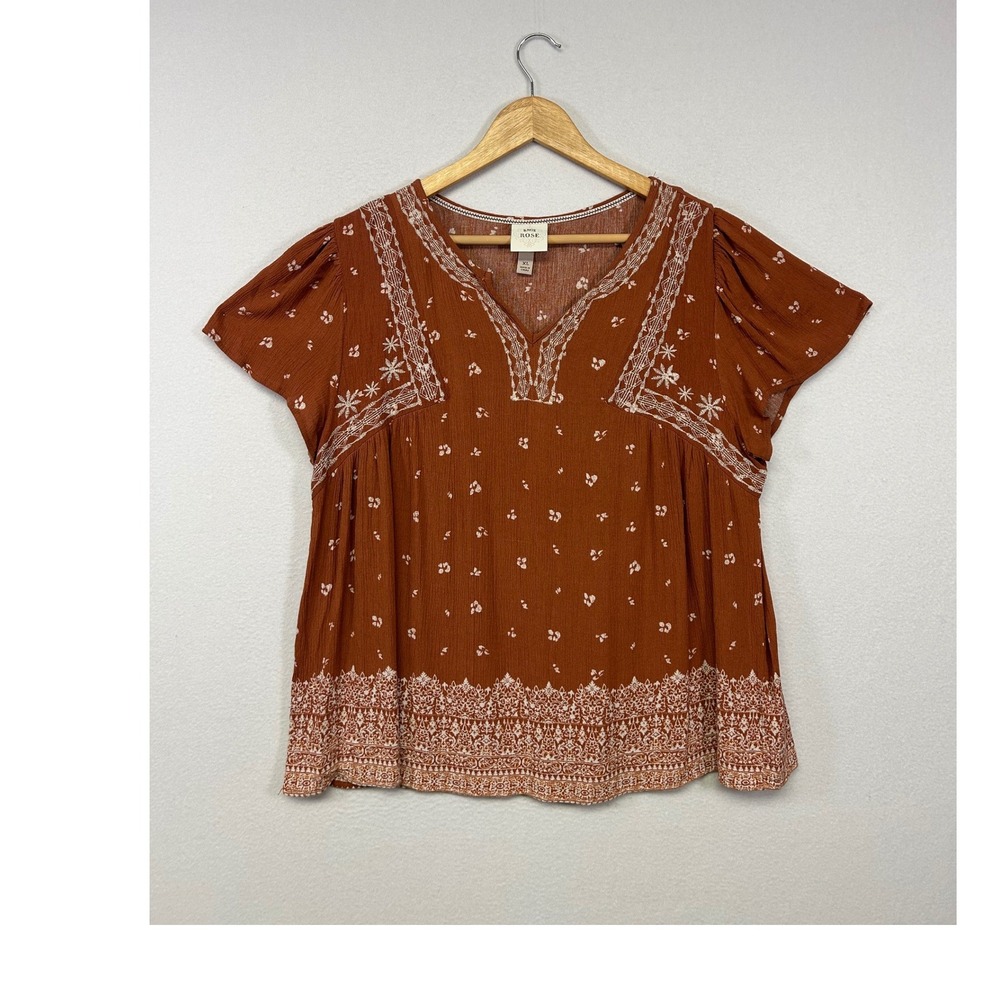 Knox Rose Rust Brown Floral Embroidered Peasant Blouse